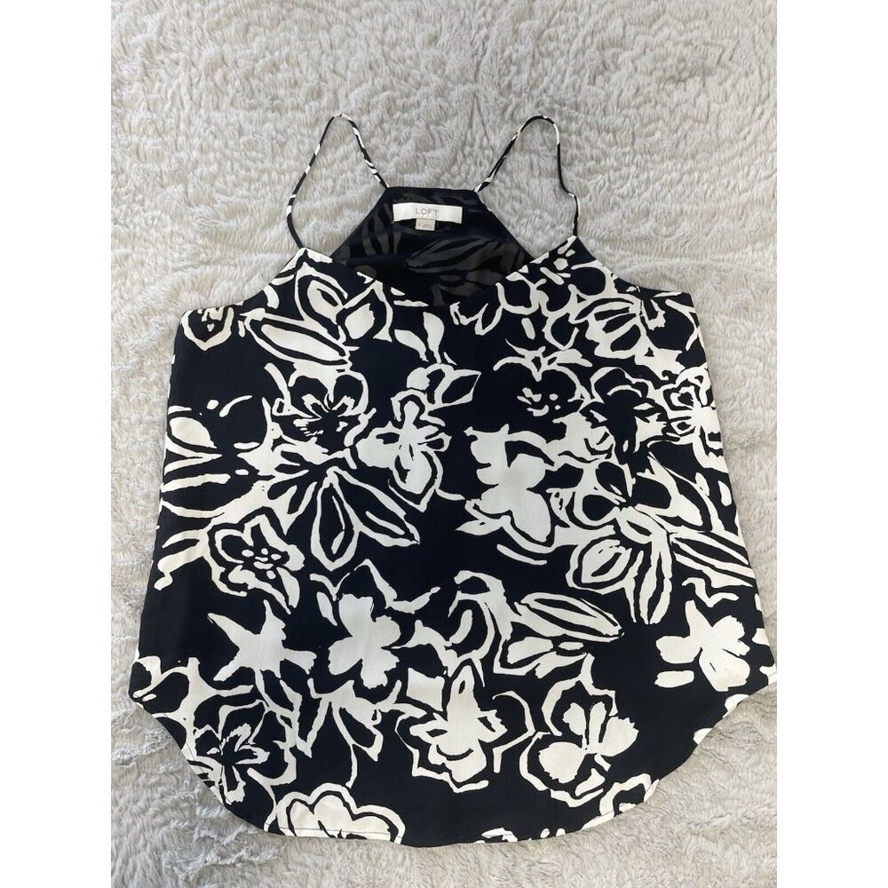 LOFT Black White Floral Sleeveless Blouse Small Layered Chiffon Tank Top - Picture 6 of 9